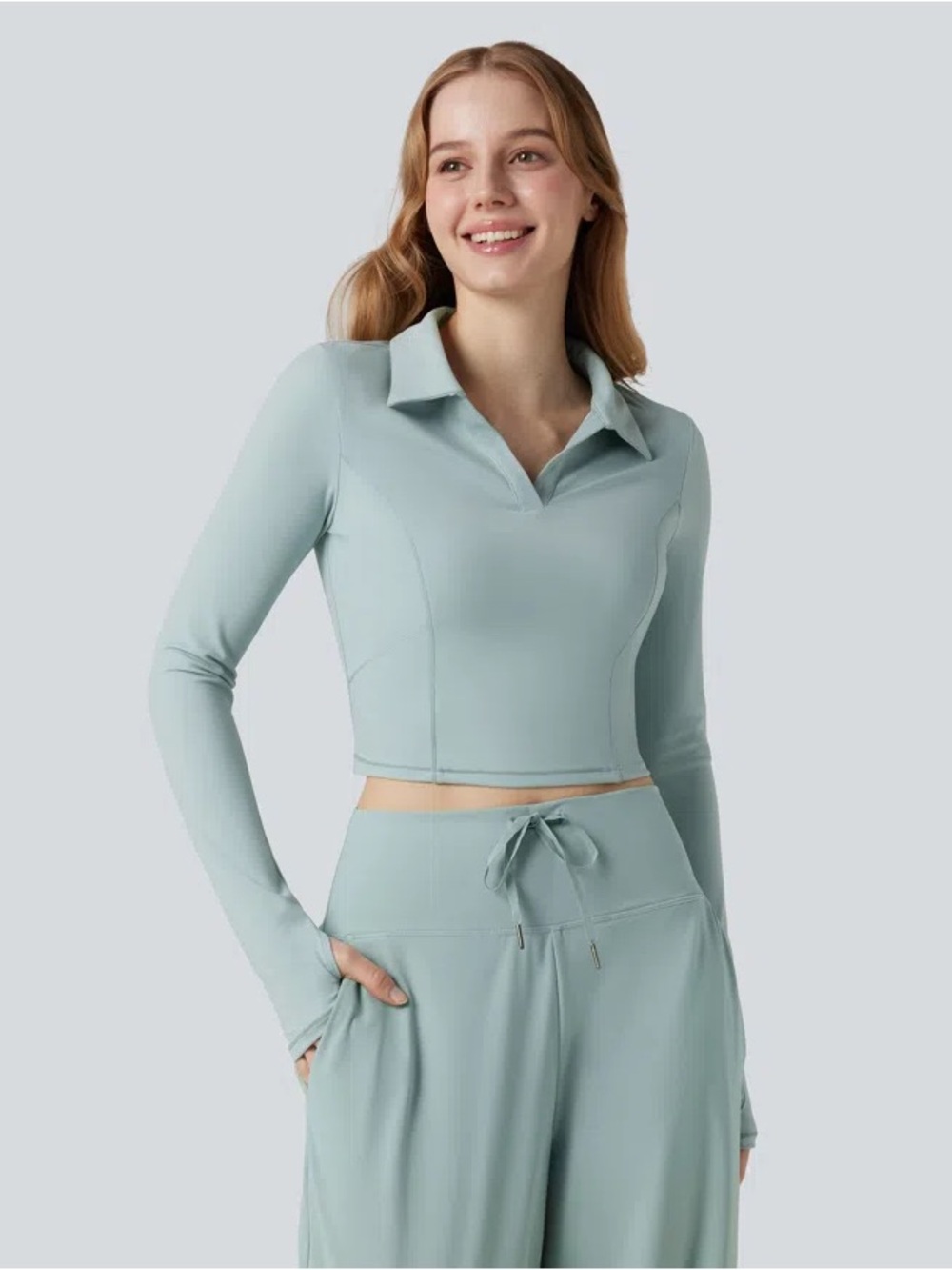 HALARA SoftlyZero Plush Polo Long Sleeve Thumb Hole Cropped Tennis Sports Sz Lg